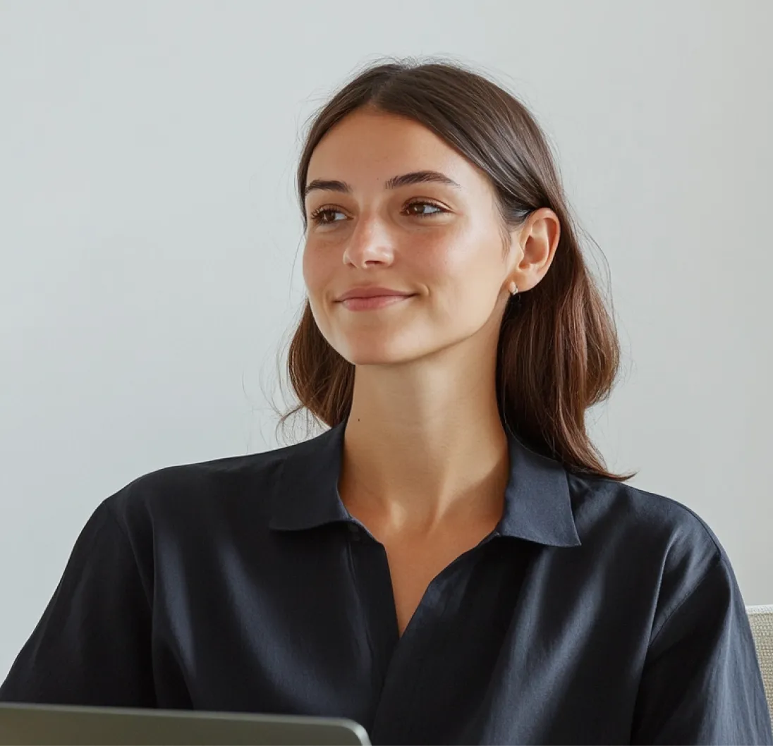 A professional woman looking thoughtfully to the side