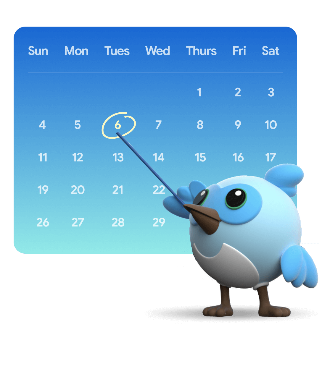 Flutter bird pointing to a calendar